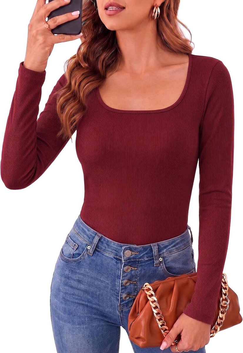 top met lange mouwen voor dames, met vierkante hals, slim fit