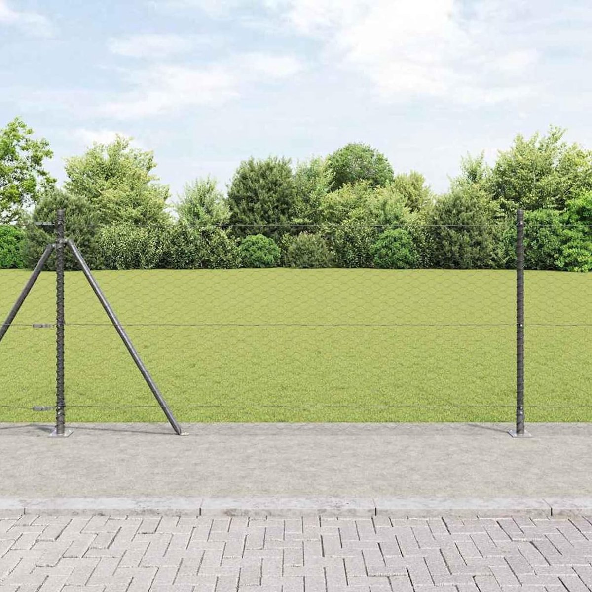 Zeshoekige omheining grijs, 1 x 10 m staal, hekpalen met basisplaten, 7 stuks, Ø 32 mm, 110 cm, verzinkt staal, tuinhek, draadomheining voor hekken, groentebedden, kippenhokken, weidegrond