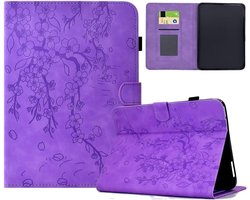 Compatibel met Kindle Basic 11e generatie 2024 versie (kleur: paars) bloem boom flip lederen portemonnee hoesje
