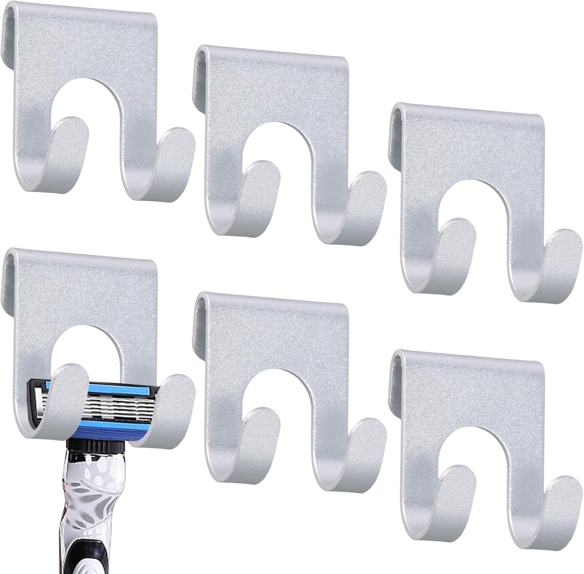 6 haken voor scheerapparaat, 5,5 x 4 cm, waterdicht, houder voor douchescheerapparaat, aluminium, haken voor douchewagen, scheerapparaat voor badkamer, keuken (zilver)