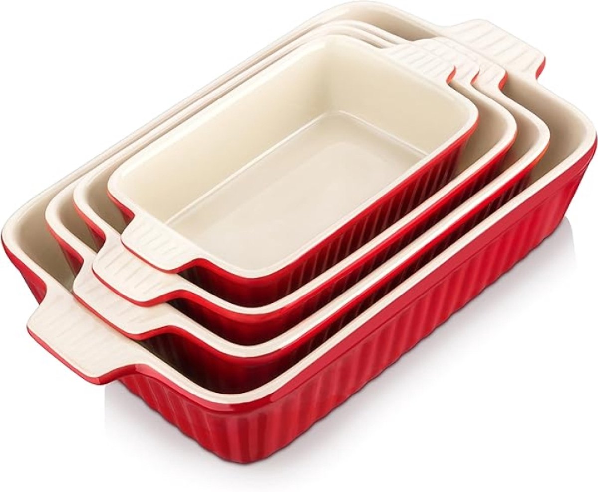 Ovenschaal Set van 4 – Rechthoekige Bakschalen met Keramische Oren – Rood Porselein – Voor Lasagne, Ovenschotel en Tapas – Oven, Magnetron en Vaatwasser Bestendig