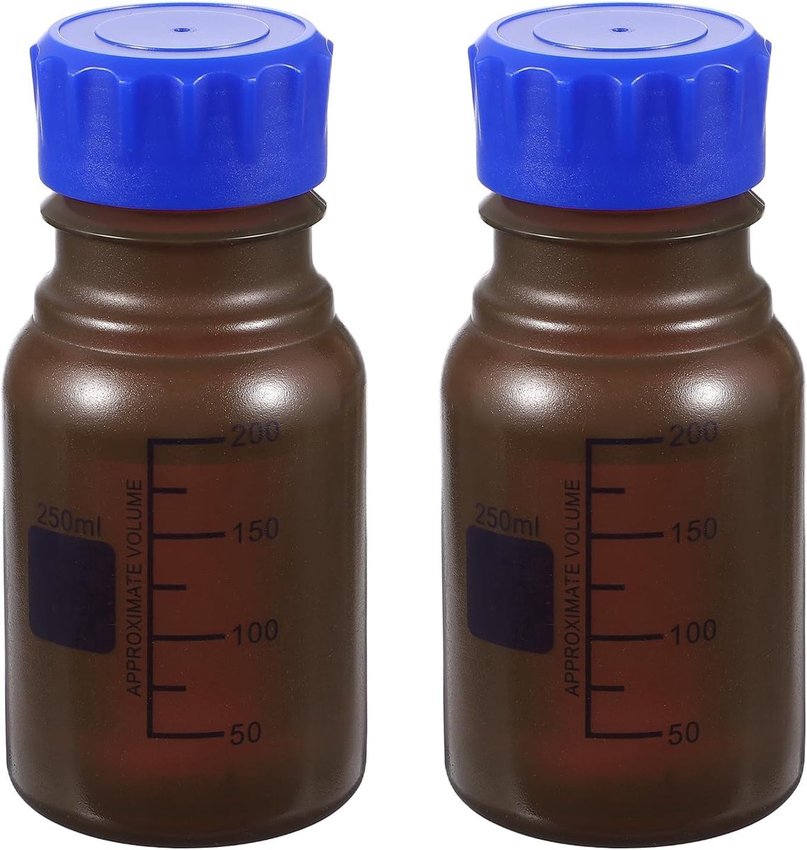 1000 ml verdikte media opslagflessen, 2 stuks PP plastic afgestudeerde fles met blauwe schroefdop voor laboratorium waterreagensvloeistoffen, bruin (rond)