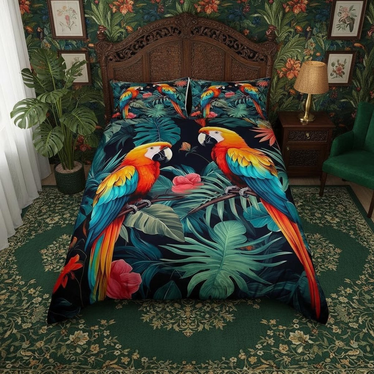 Beddengoedset met tropische vogels, 2-delig, jungle, papegaai, vogel, wilde dieren, dekbedovertrek, S, voor slaapkamer, groene palmbladeren, natuur, botanisch, 1 dekbedovertrek 135 x 200 cm