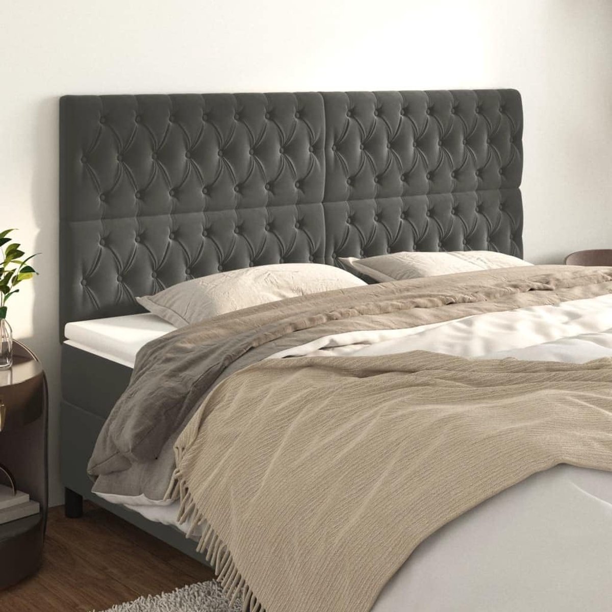 Hoofdeinde van fluweel donkergrijs 200x7x118/128 cm verstelbare houten poten, zacht velours, rugsteun voor bed