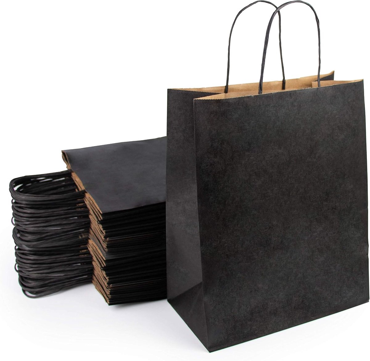 50 zwarte kraftpapieren zakken met handgrepen, cadeauzakjes, 26 x 14 + 32 cm, sterk, 100% recyclebaar, verpakking voor geschenken, verjaardag, Kerstmis, bruiloft