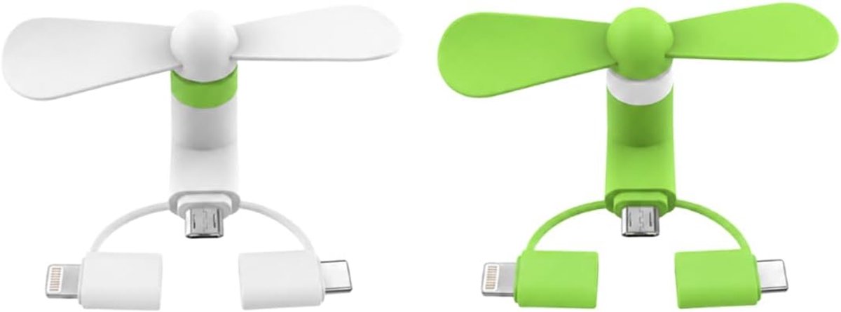2 stuks mini-USB-ventilator, 3-in-1 (wit + groen), draagbare mobiele telefoonventilator, compatibel met Lightning/Micro USB/type C, krachtige USB-ventilator met veilige siliconen bladen voor de
