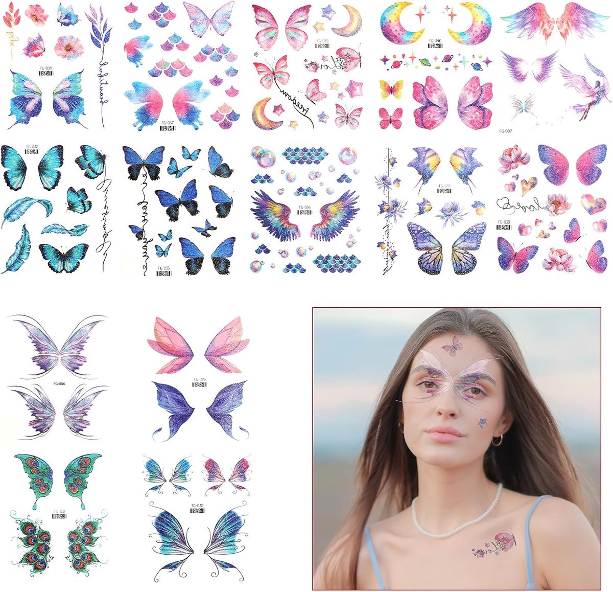 Tijdelijke Tattoo, Glitter Vlindertattoos Waterdichte Vlinder Gezicht Tattoo Sticker voor Dames Meisjes Festival Feest Oog Gezicht Make-Up