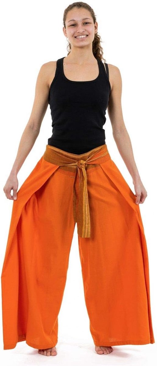 broek, etnische stijl, licht, riem, glanzend, oranje, oranje, eenheidsmaat - 100% katoen - oranje - Aziatische Mao - comfortabel & origineel - opgericht in Frankrijk, geproduceerd volgens Ethic sinds 2004 - - Unique