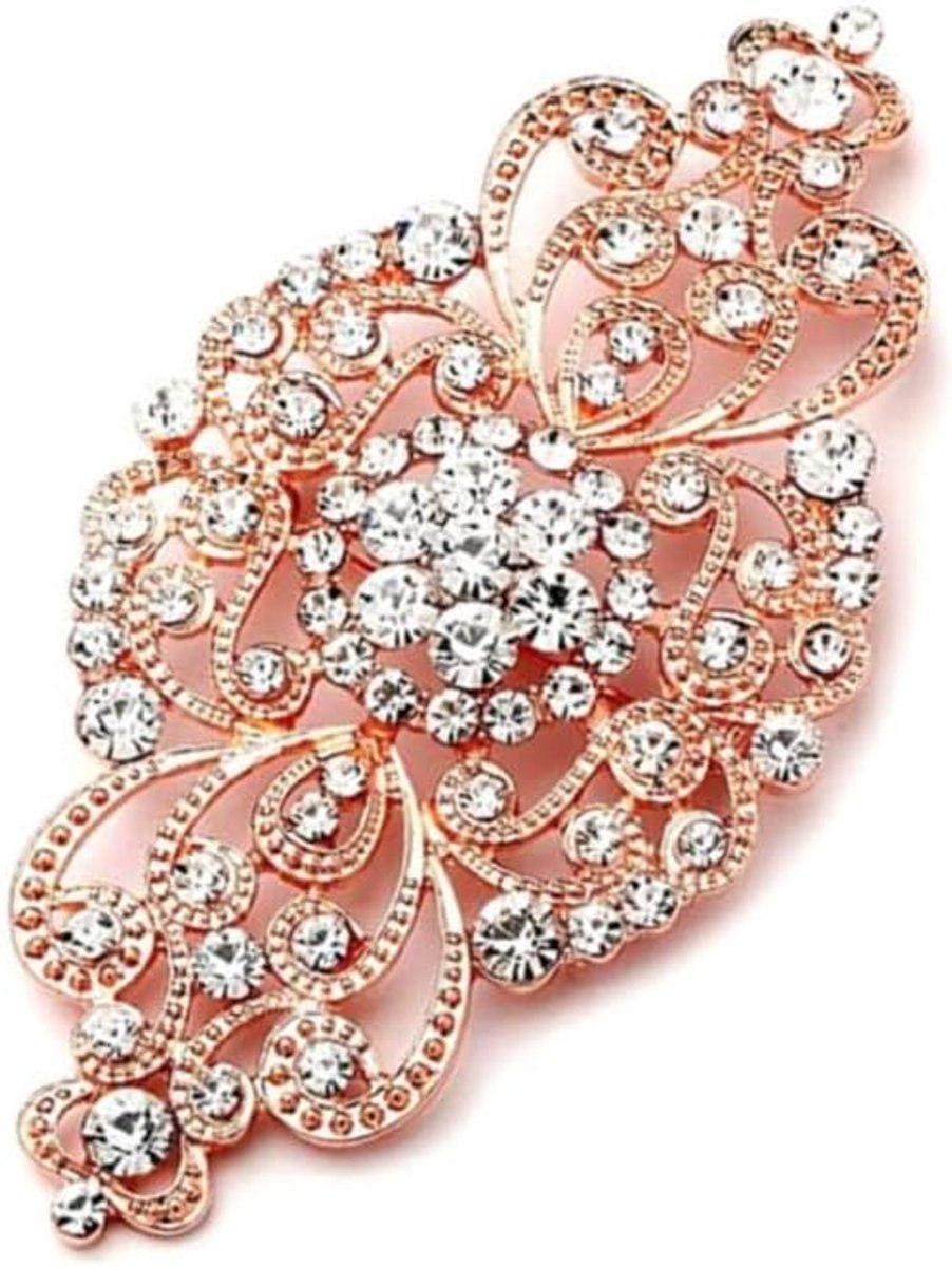 Broche met kristallen bloem voor de bruid, vintage bloemenbroche, kristallen krans, decoratieve bloemenband, modieus accessoire voor de decoratie van kleding, 62 x 30 mm, (goud)
