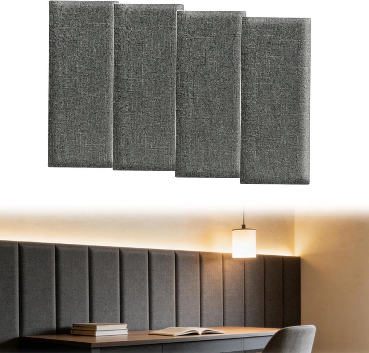 4 stuks zelfklevende gestoffeerde wandpanelen, 40x20cm gestoffeerde wandpanelen, wandkussen te gebruiken als hoofdeinde of bufferpaneel, rechthoekige decoratieve wandpanelen (donkergrijs A)