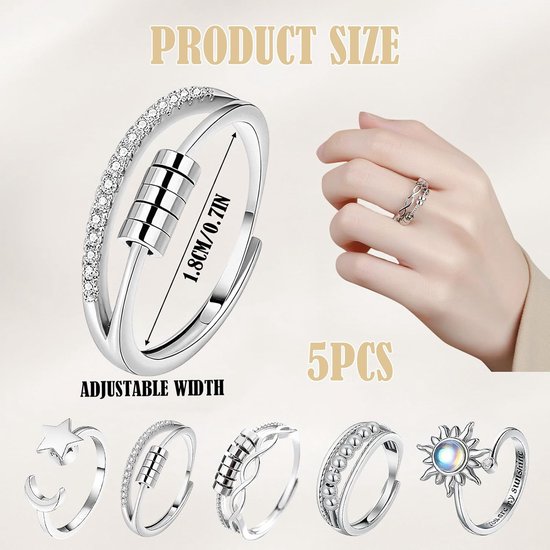 Fidget Ring Set 5 Stuks, Verstelbare Anxiety Ring voor Dames en Heren Zilveren Anti Stress Draairingen met Ster Maan Zon Kralen Spinning Ringen Cadeau — afbeelding 2