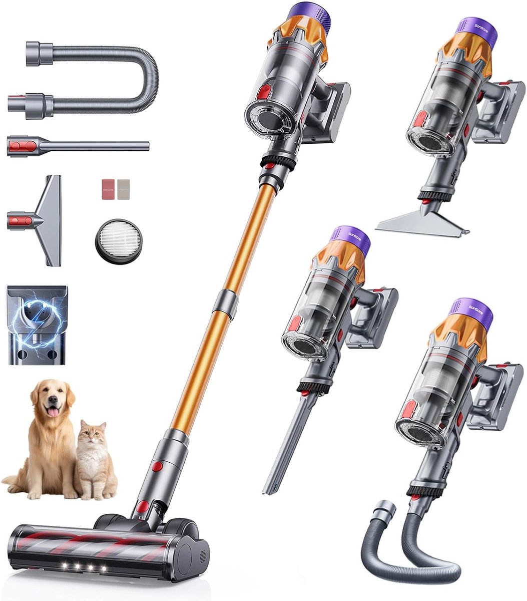 Stofzuiger Draadloos, 50KPa/600W/65Min Steelstofzuiger Draadloos met LED Display, Accustofzuiger met 1M Slang, Oplaadbaar Aan De Wand, Aromafunctie voor Tapijt Dierenharen en Harde Vloeren