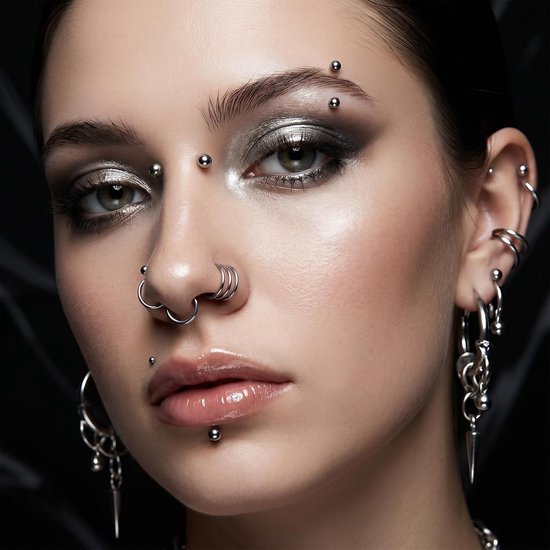 zelfklevende neuspiercings voor het gezicht, ballen, kunstwimpers, gezichtspiercing, lippsticker voor dames en heren, coole punk, Halloween, make-up, Y2k accessoires (zilver) — afbeelding 5