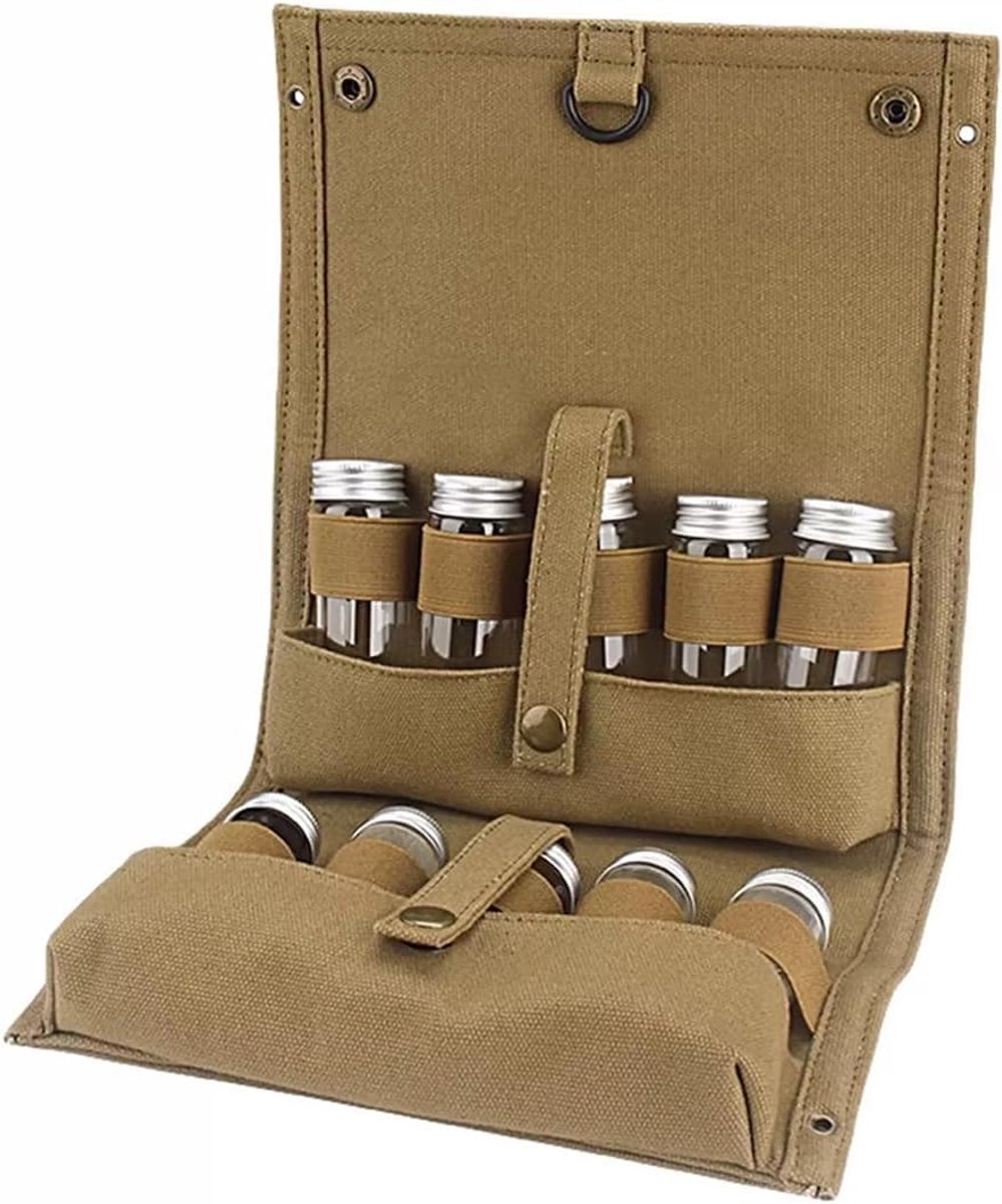 Draagbare Camping Spice Organizer Bag, 10-delige BBQ-kruidenset met glazen flessen, kaki