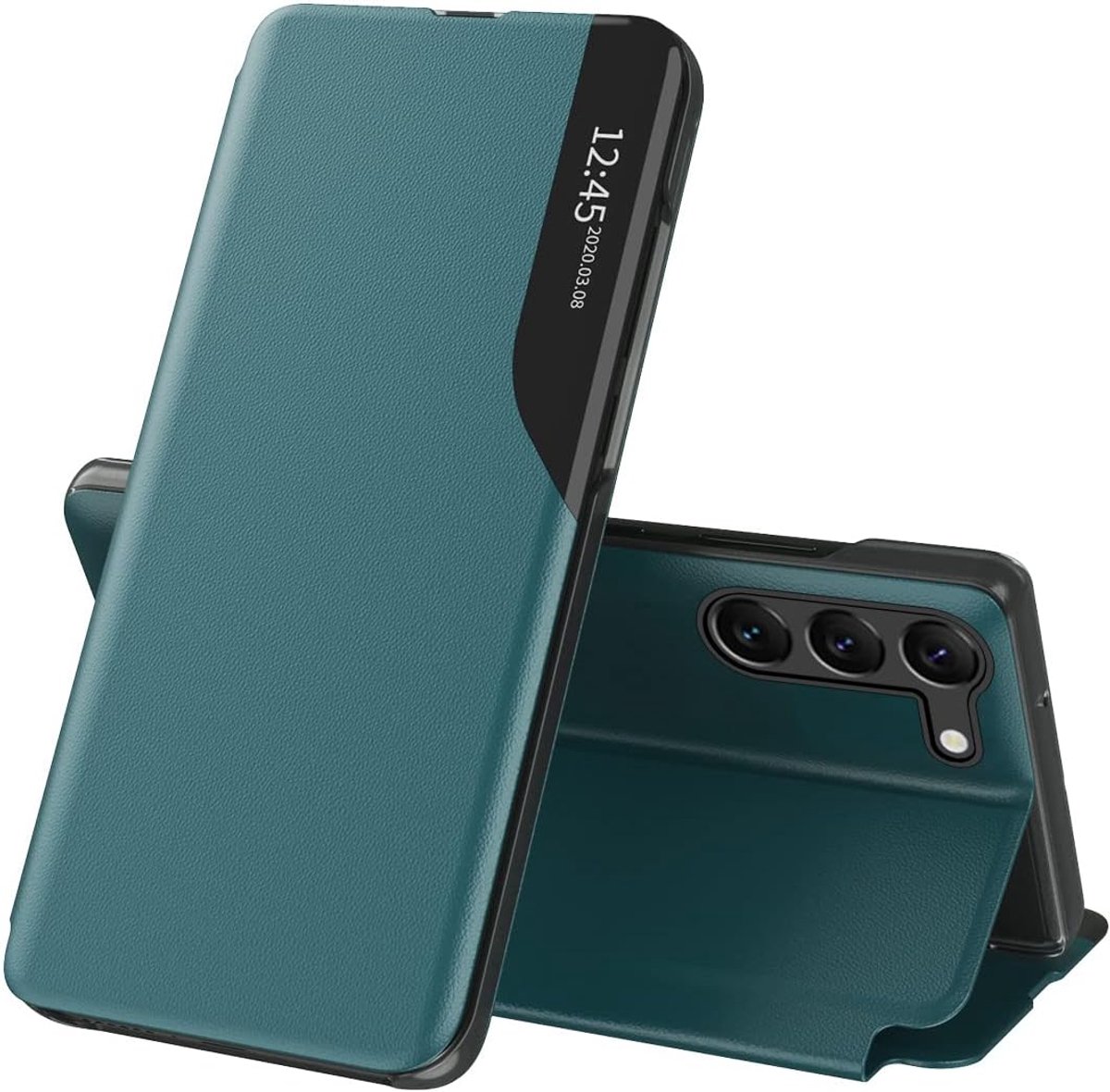 Beschermhoes voor Samsung Galaxy S23, beschermhoes met Smart Clear View Windows portefeuille, case, flip, PU-leer, kickstand, case, stootvaste beschermhoes voor Samsung Galaxy S23, groen,