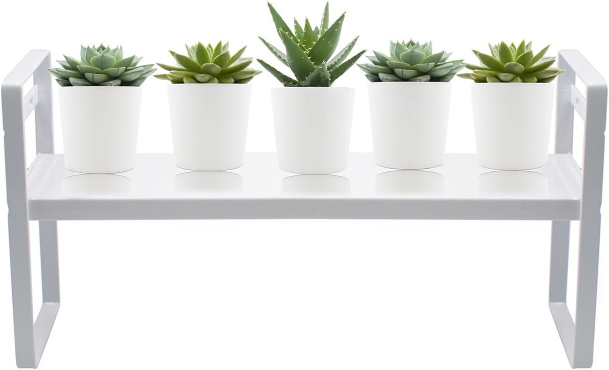 Uitschuifbaar, in hoogte verstelbaar, smal plantenrek van koolstofstaal voor ramen, organizer, rek voor keuken, planten en badkamer, wit