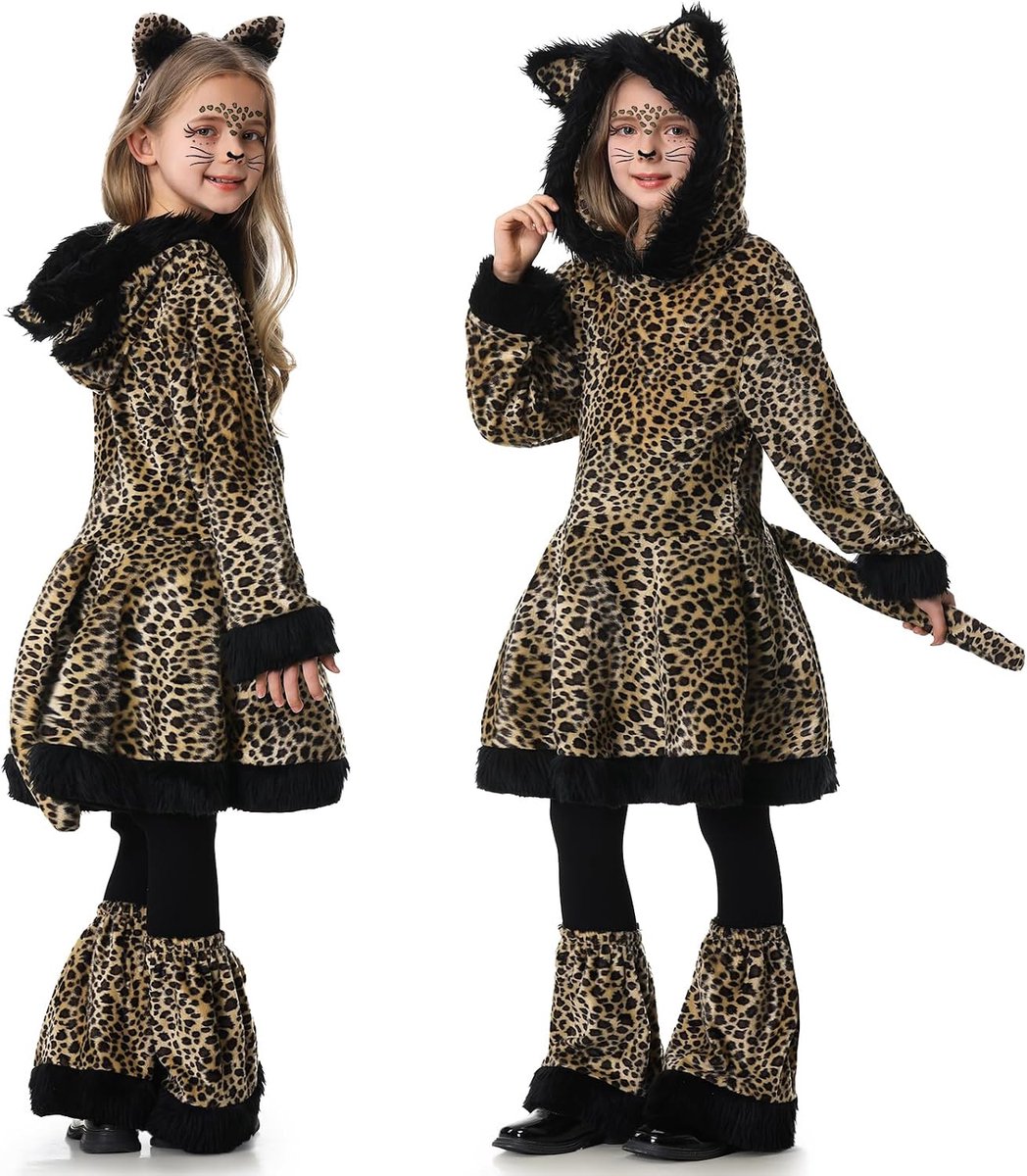 Luipaardkostuum voor kinderen, dierenluipaardkostuum voor meisjes met kattenoren, haarband, handschoenen, staart, dierenkostuum, kostuums voor carnaval en feest