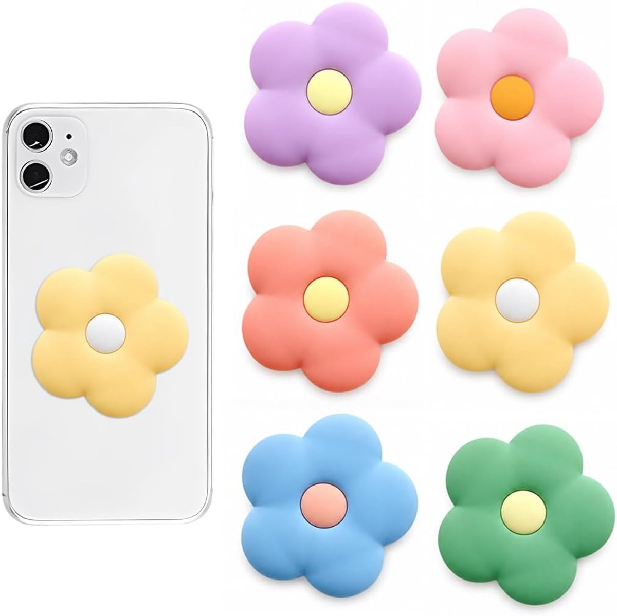 Set van 6 telefoonringen, 360 graden inklapbaar, telefoonhouder in bloemenvorm, rekbare grip en intrekbare basis voor smartphones en tablets