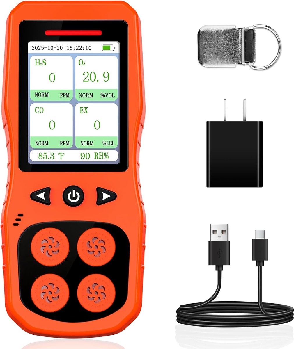 Draagbare 4-gasmonitor, multigasdetector met waarschuwingen, oplaadbare luchtkwaliteitsmeters voor H2S, CO, LEL en O2-monitor