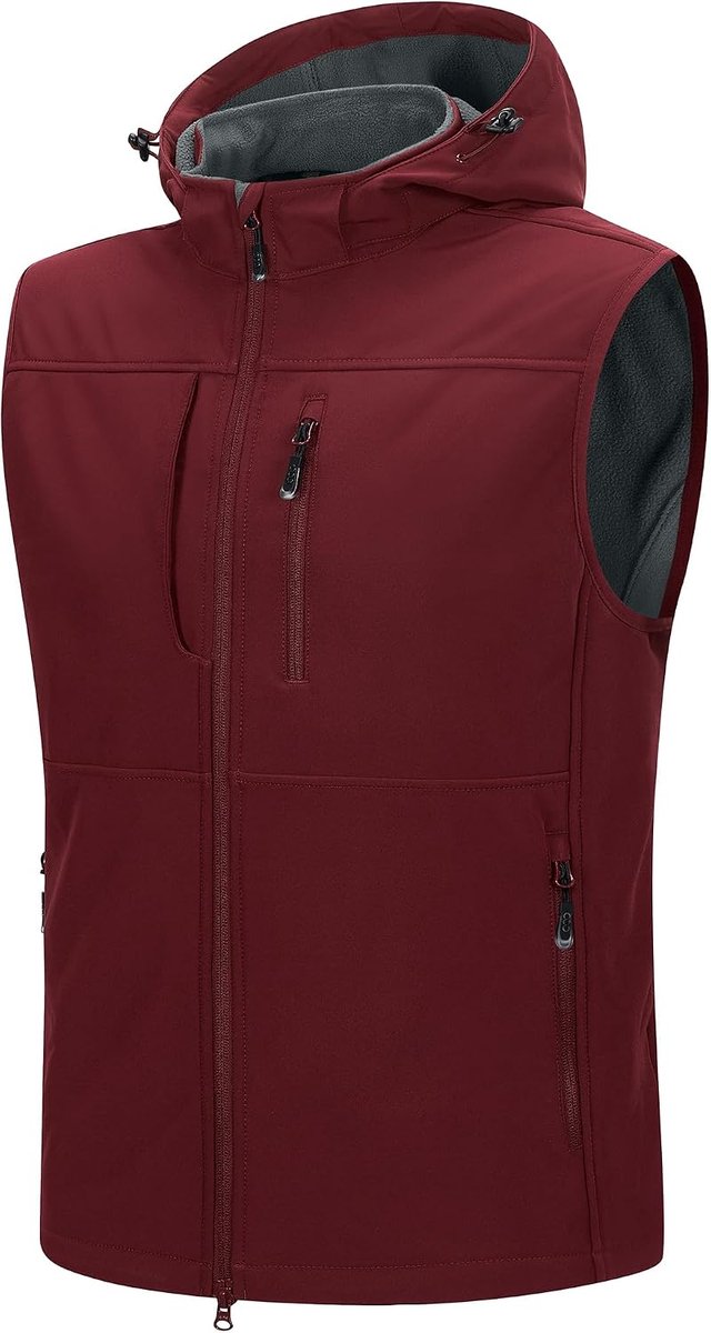 33,000ft Vest heren outdoor waterdicht softshell mouwloos jack bodywarmer fleece vest met capuchon full zip softshell vest, donkerrood, S