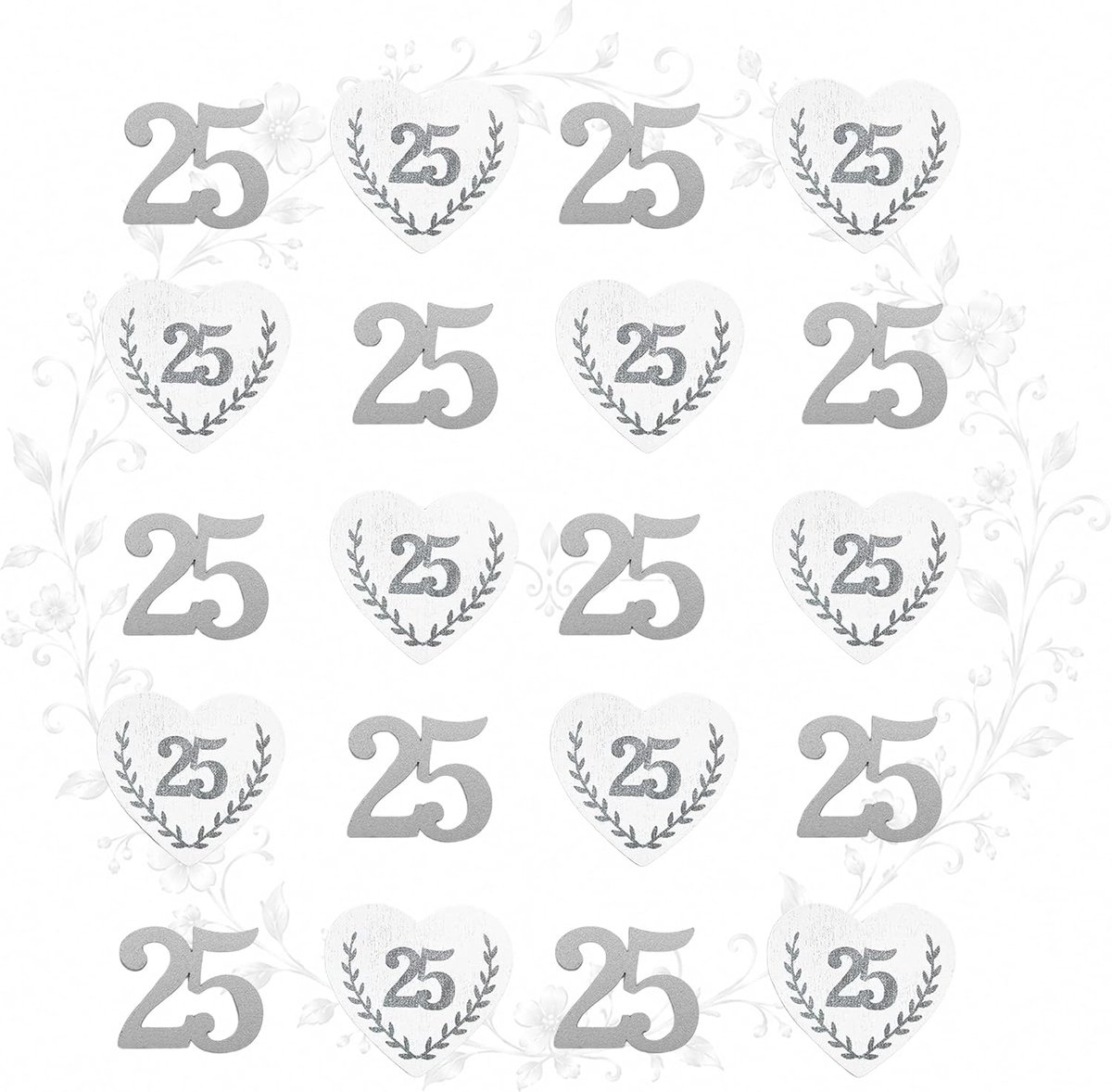 24 houten strooidelen 25 in wit-zilver - strooidecoratie harten & cijfers van hout voor zilveren bruiloft, tafeldecoratie & jubileumdecoratie voor 25e trouwdag en 25e verjaardag, doos