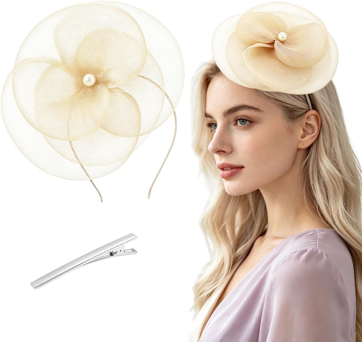 champagnekleurige fascinator voor dames, klassieke strohoed met dubbele draagwijze hoofdband en haarklem, voor bruiloften, Ascot-races, theekransjes en formele gelegenheden