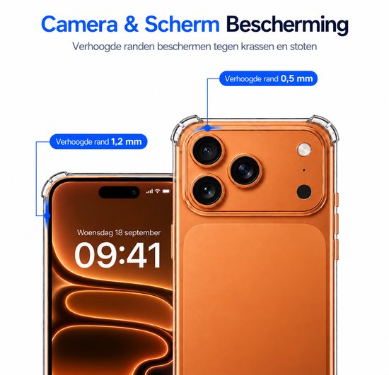 Transparante hoes met oranje iPhone, de verhoogde randen van 0,5 mm en 1,2 mm worden getoond.
