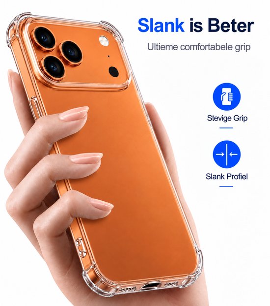 Transparante hoes voor iPhone in oranje, vastgehouden door een hand. "Slank is Beter"
