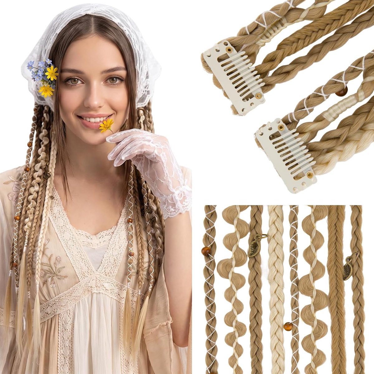 Extensie Clip in Boho Vlechten Haardelen 50cm 2 Stuks Bohemian Haarverlenging Braids Synthetische Dreads Hippie 50g Middelblond & Lichtblond