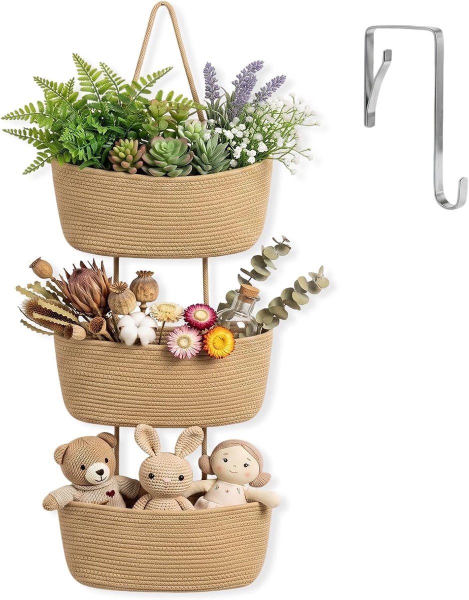 Hangmand met 3 etages, grote boho-wanddecoratie, hangmanden, katoenen wandmanden, wandmand met handvat, gevlochten, decoratieve hangmand voor muur, badkamer, kinderkamer