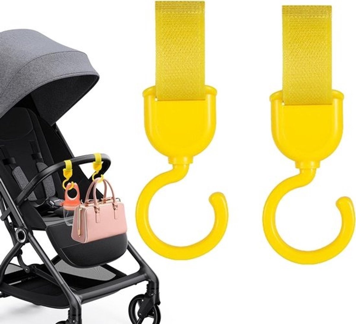 Kinderwagenhaken - Mama haak - Tassen organiseren - 360 graden rotatie - 10 x 8 x 2 cm - Geel