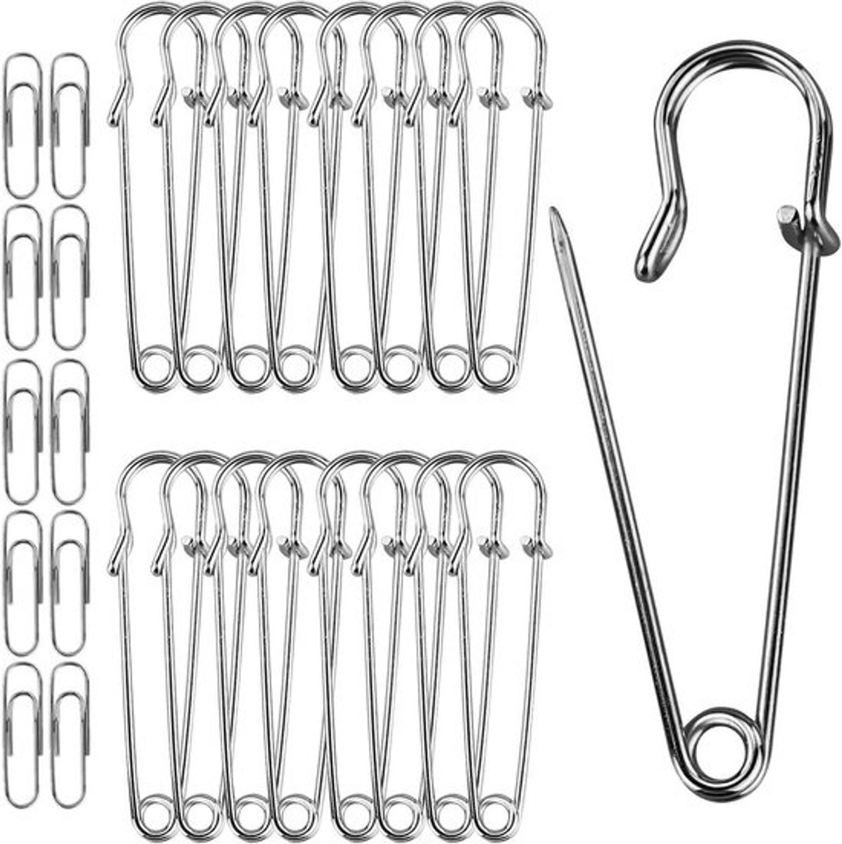 20 Veiligheidsspelden 50 mm Roestvrij Staal + 30 Paperclips 28 mm | Zilver | Voor Kleding, Knutselen & Kantoor