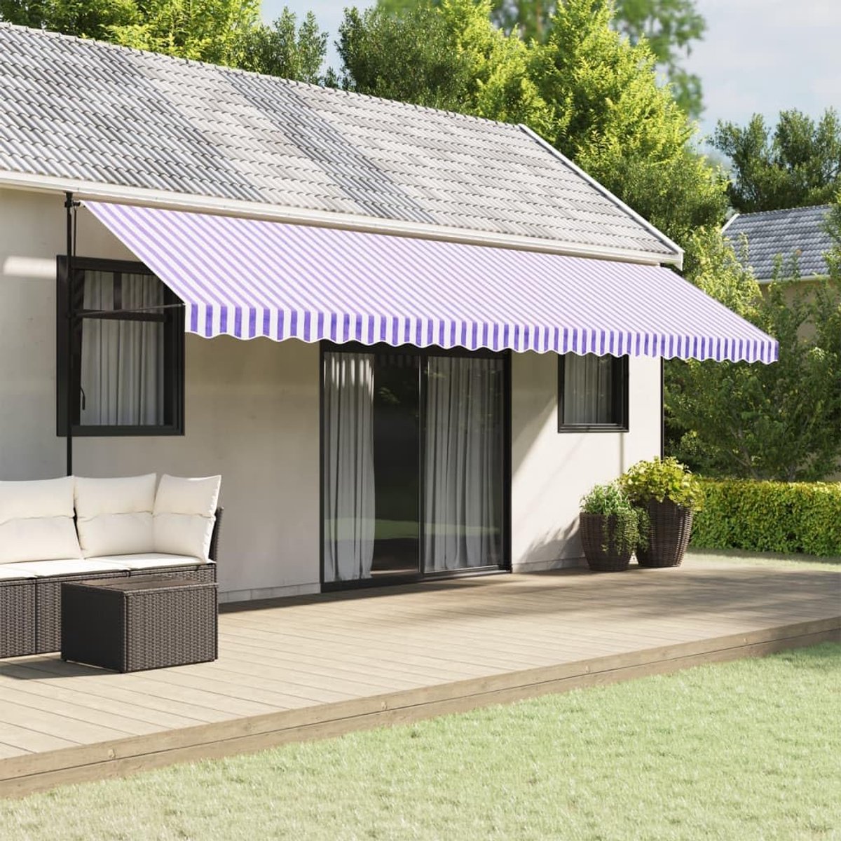Luifel blauw wit gestreept 6 m, 100% polyester met PU-coating, waterdicht en uv-bestendig, lichte vervangende volant voor luifel, praktisch design voor de tuin