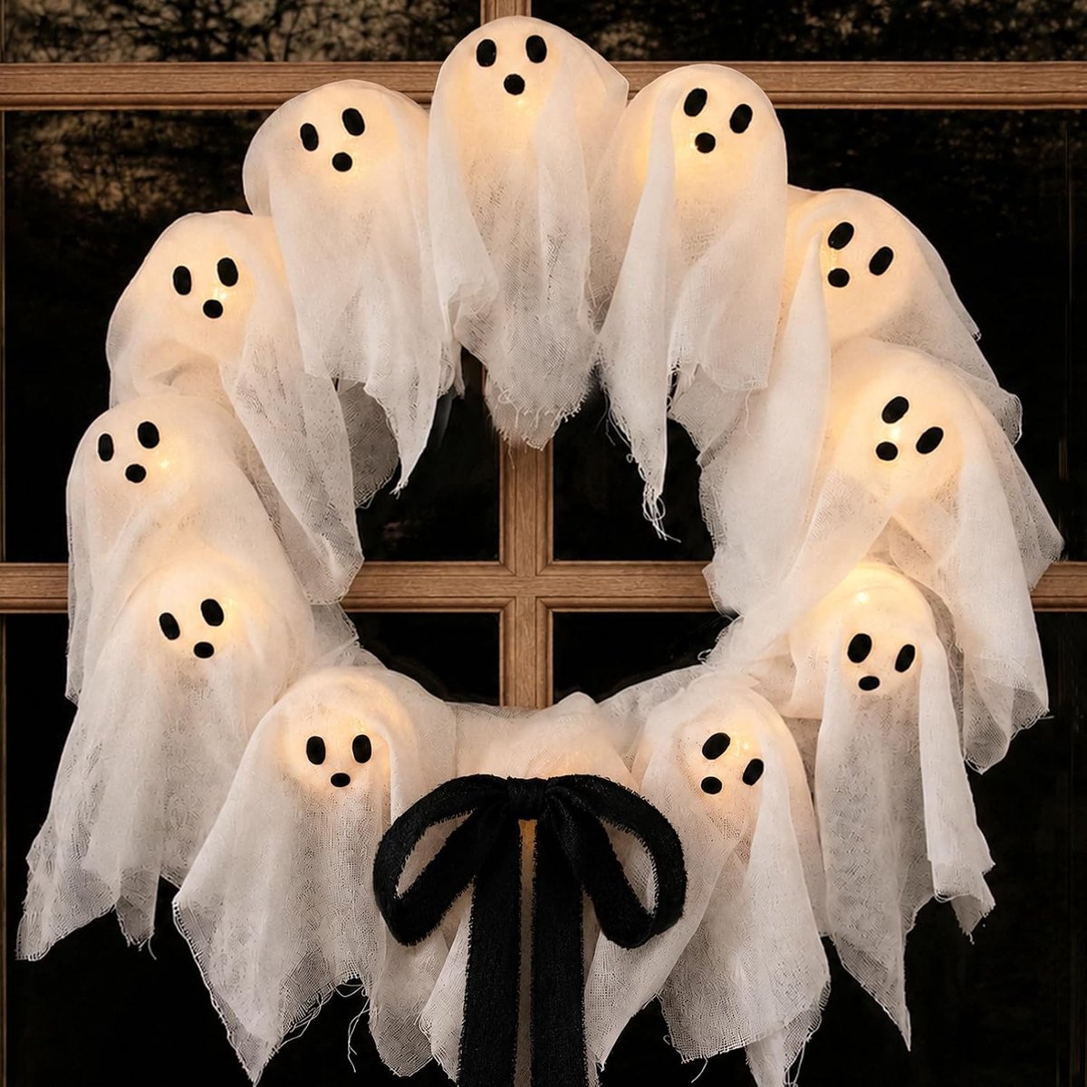 Halloween Spookkrans met Licht - 35x35 cm - Met 12 Warme LED's - Batterijgevoed - Voor Binnen en Buiten - Wit - A