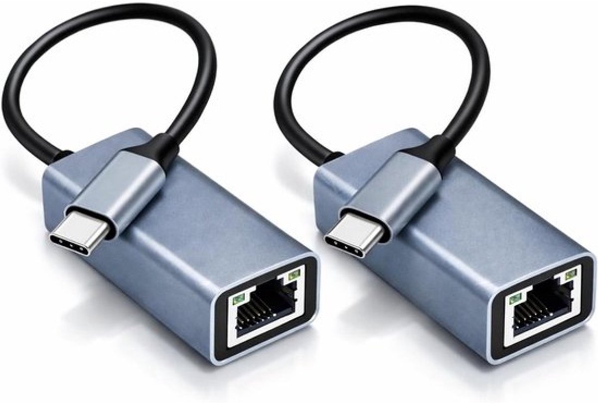USB-C naar Ethernet Adapter - Type C RJ45 - Netwerk Verbinding - Gigabit Snelheid - 2 stuks - Grijs