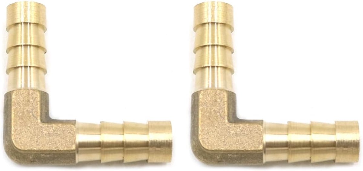 Pak van 2 L-slangschakelaars, 8 mm messing L-stuk weerhaak, 8 mm weerhaak voor hoekpijpconnector, 2-weg slangconnector, voor water, brandstof, olie, lucht