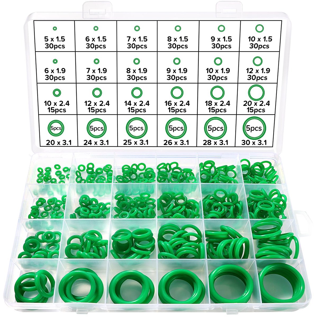 480 Stuks 24 Maten O-ring Afdichtringen Set, Siliconen O-Ring Assortimentset, O-ring Assortiment, voor Loodgietersring Afdichting & Auto Snelle Repai, Groen