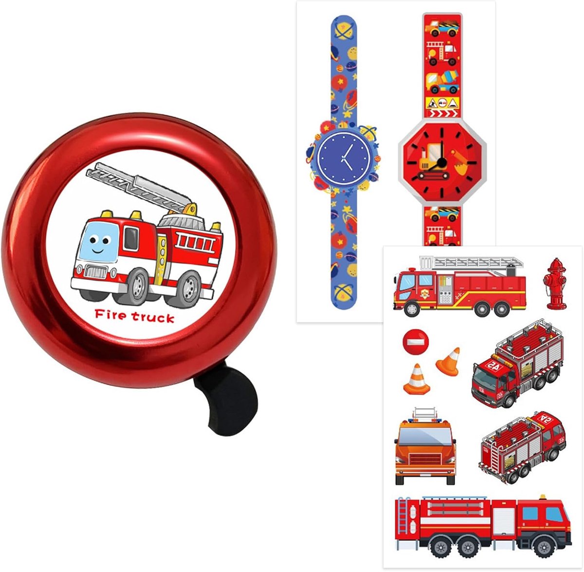 Fietsbel voor kinderen, brandweerdesign, met 2 glitterstickers, krachtig geluid voor helm, fiets en armen, aanpasbaar aan fiets, scooter, loopfiets en driewieler