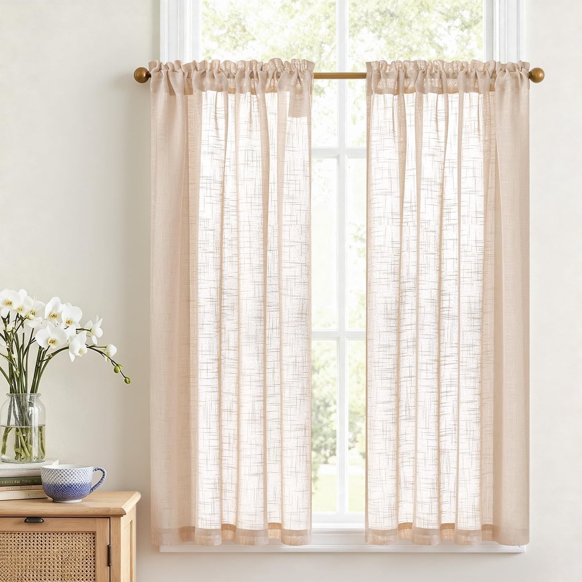 Voile Vitrage, vitrage, keuken, bistrogordijn, set van 2, 90 x 115 cm (b x h), landelijke stijl, taupe, kort, modern, raamgordijnen met stangdoorgang, halftransparant, korte gordijnen voor