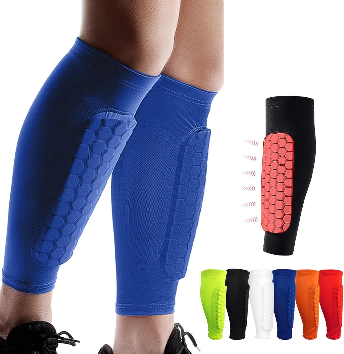 Shin Guards Pads, Honingraat Compressie Mouw Voetbal Scheenbeschermers voor Jongens, Tieners en Volwassenen, Voetbalverdediger Pads met Superieure Impact Absorptie, Lichtgewicht