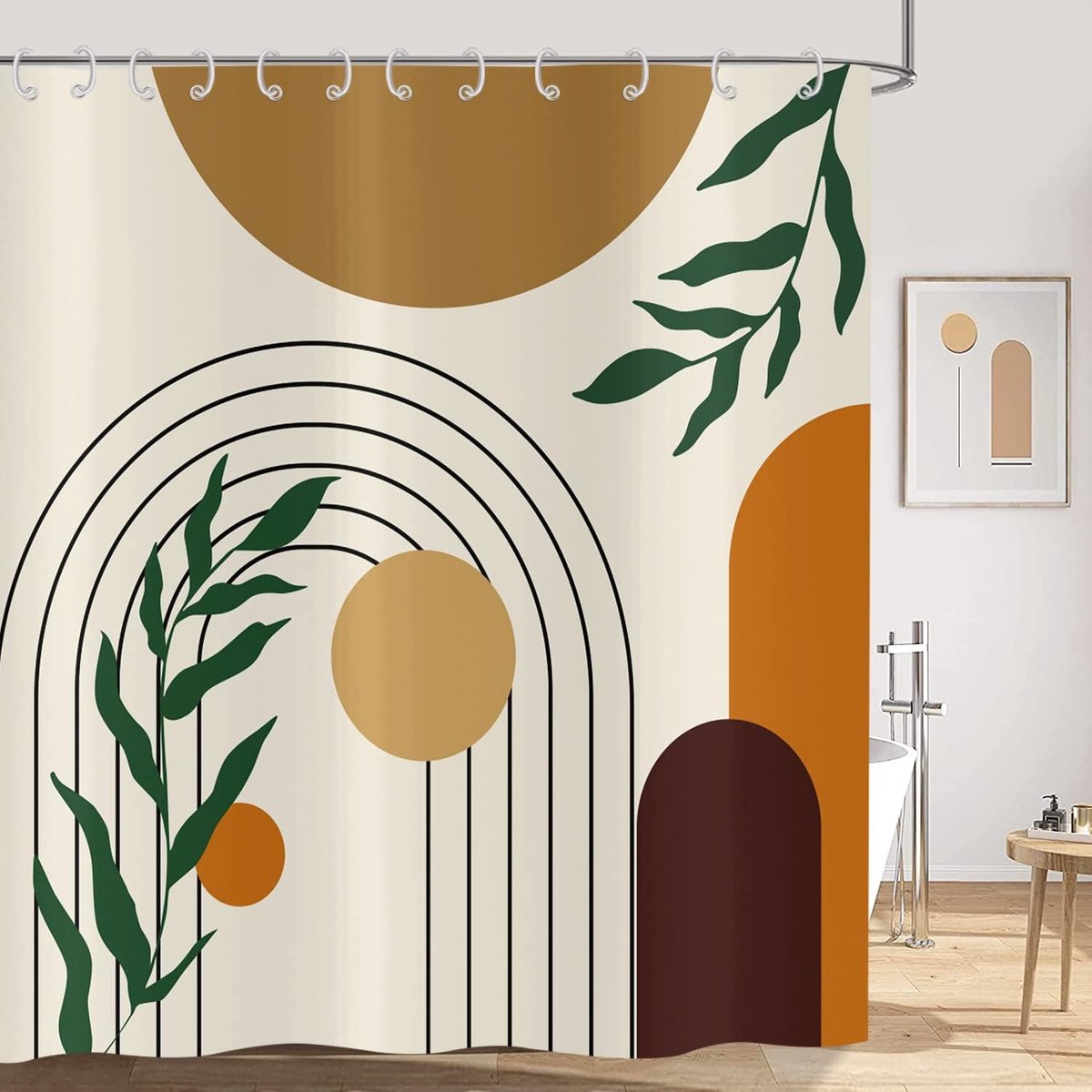 Century Douchegordijn, boho, 90 x 180 cm, abstract, groen, bladeren, boog, zon, beige, badgordijn, modern, minimalistisch, geometrisch, esthetisch, kunst, waterdichte stof, wasbaar