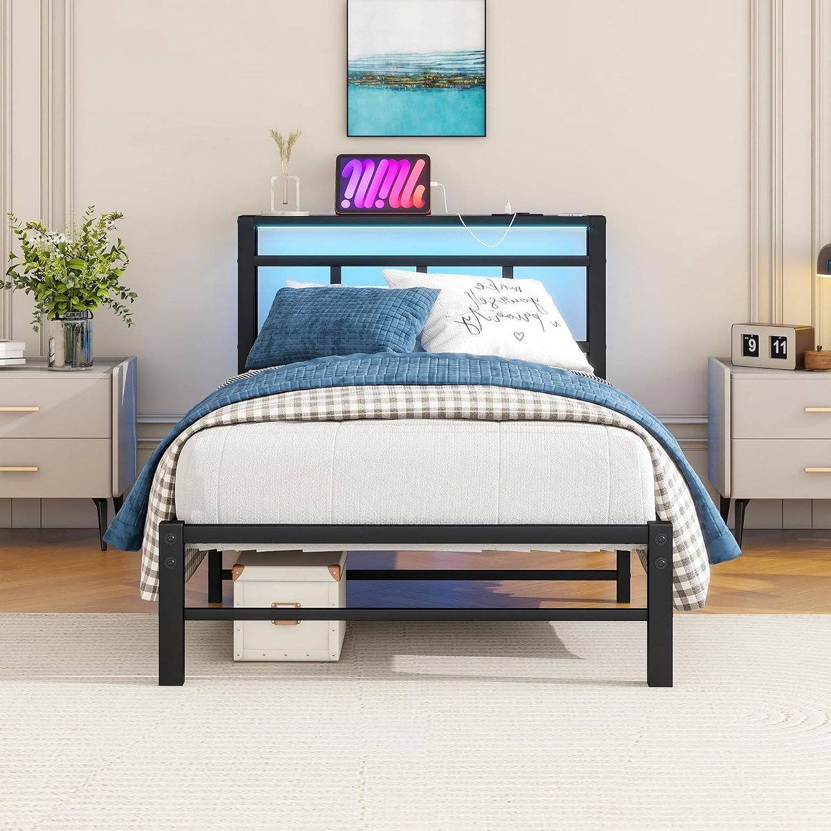 90 x 200 cm met lattenbodem van metaal, bedframe, 90 x 200 cm, met ledverlichting, metalen bed met stopcontact en 2 USB-oplaadfuncties, metalen bed met houten hoofdeinde, opbergruimte, bedframe
