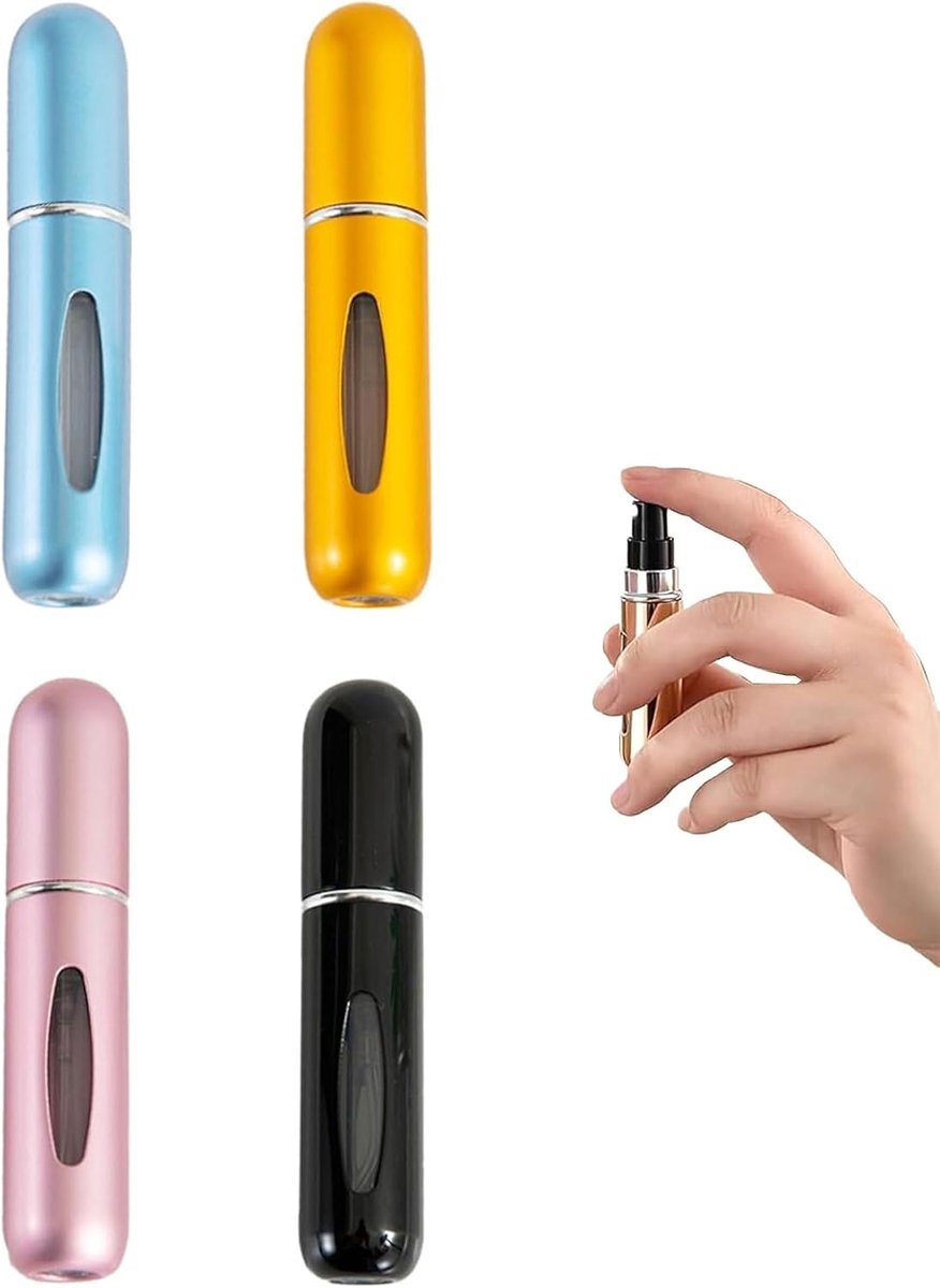 Verstuiver parfumverstuiver, 4 stuks, 5 ml, navulbaar, draagbaar, mini-parfumfles met aluminium venster, lekvrij, voor reizen en uitstapjes, spuitfles, parfumdispenser, navulbaar