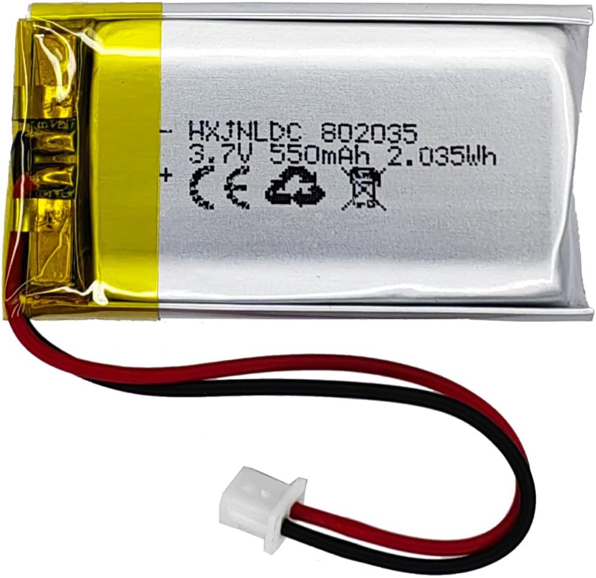 3.7V 550mAh 802035 oplaadbare lithium-polymeerbatterij, geschikt voor doe-het-zelf 3.7-5V elektronische producten met ingebouwde 2-draads batterijvervanging en LED-verlichting