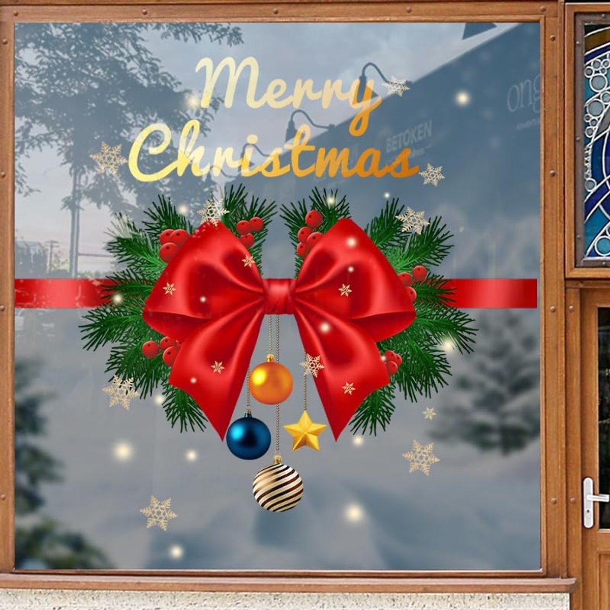 Rode Strik Raamstickers – 1 stuk - Kerst Raamclings voor Glas -Sneeuwvlok en Strik Motief – Dubbelzijdig Statisch Zonder Lijm – Verwijderbaar en Herbruikbaar – Voor Kerst, Thuis en Kantoor – 40×40cm