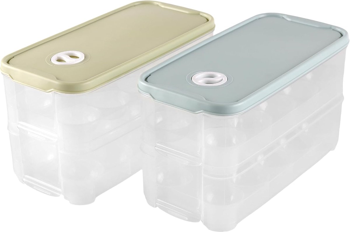 2 stuks dubbellaagse eierbox, eierhouder voor 20 eieren, PP-kunststof, blauw-groen, eierdoos met deksel, transportbox voor koelkast en keuken