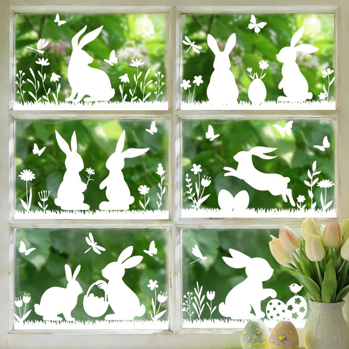 6 stuks raamafbeeldingen paasdecoratie, witte paasraamstickers, zelfklevende hazen, paaseieren, raamstickers, herbruikbare raamdecoratie voor lente, paasdecoratie, glas, kinderkamer