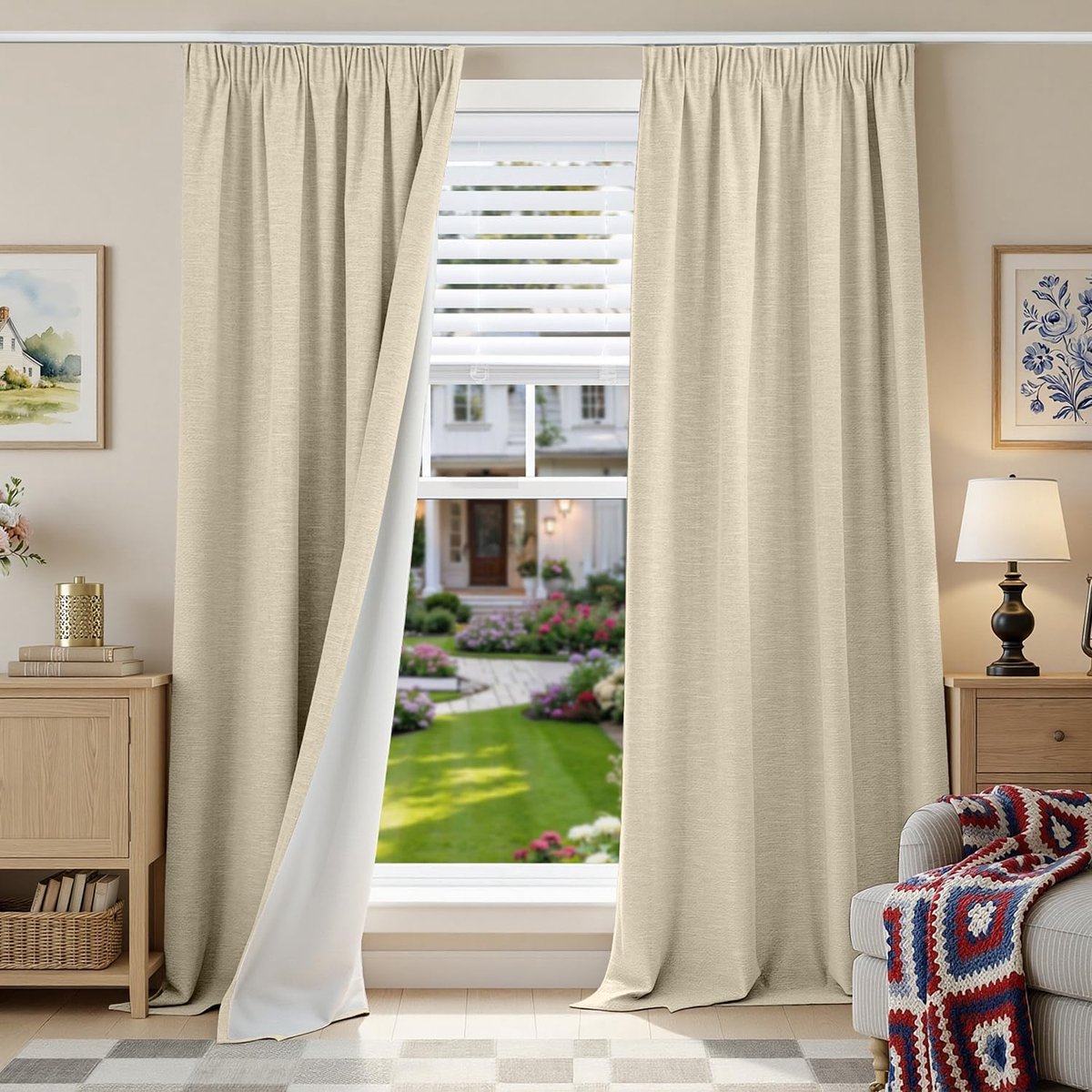 100% ondoorzichtige gordijnen met rimpelband, linnenlook, verduisteringsgordijnen, 245H x 140B x 2, beigegrijs, gordijnen, thermische gordijnen, bescherming tegen kou, woonkamer