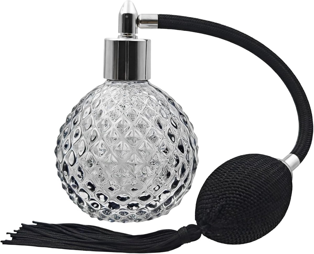 kristallen parfumfles, 80 ml navulbare zwarte parfumverstuiver leeg met lange kwastjes, vintage verstuiver pomp glazen container herbruikbare dispenserflessen voor make-up haar (zilvermondstuk)