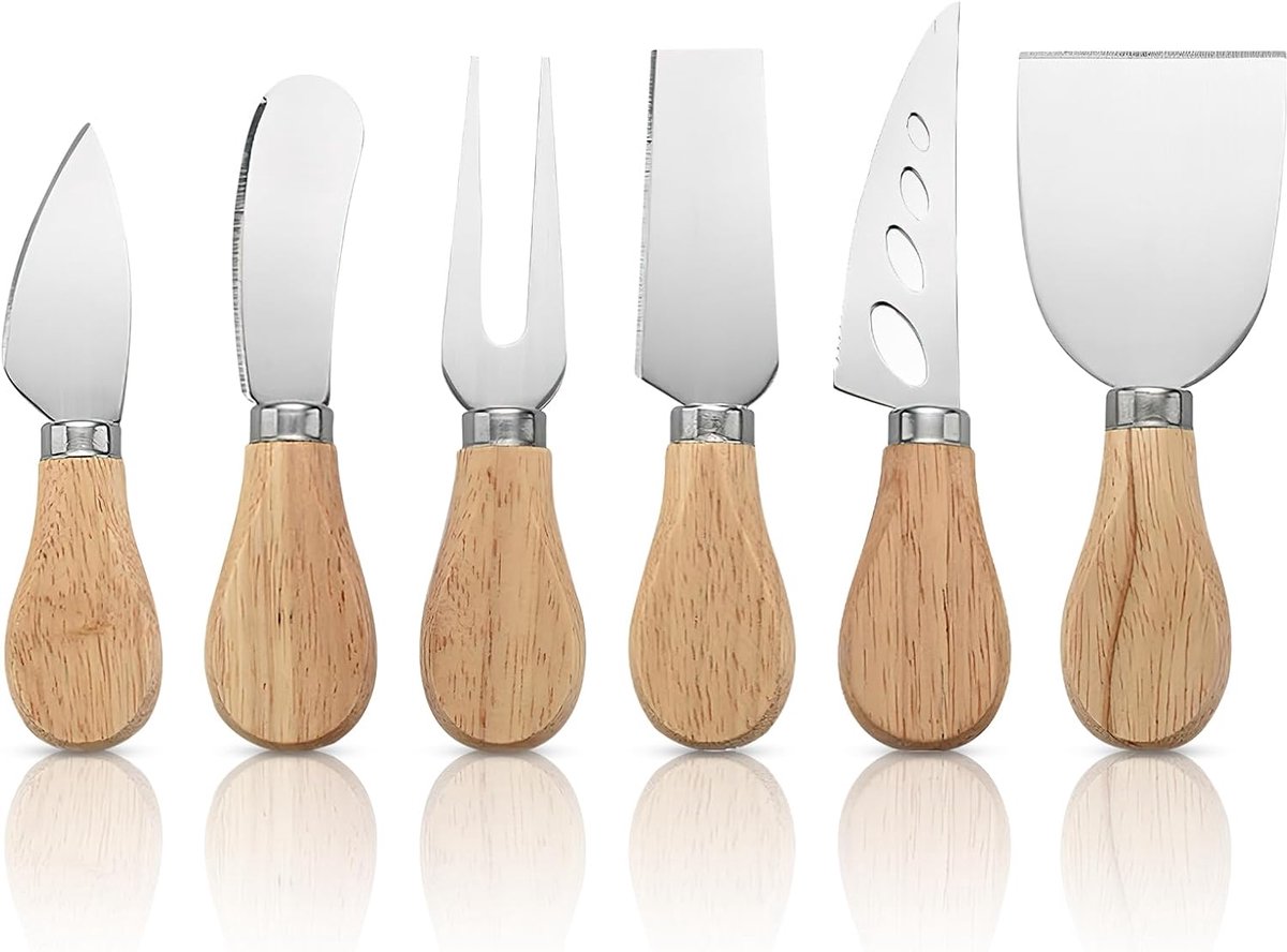 Kaasmessenset met botermes, klein, 6-delig mini-kaasmes, kaasbestek met houten handvat, roestvrij stalen keukenkaasgereedschap voor zachte kaas, gesneden kaas, cake, dessert, kaassalade